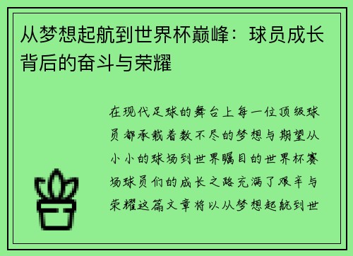 从梦想起航到世界杯巅峰：球员成长背后的奋斗与荣耀
